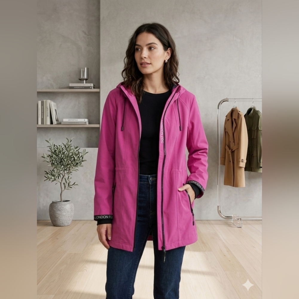 London Fog Performance Pink Hooded Rain Jacket - Size Large (EUC)